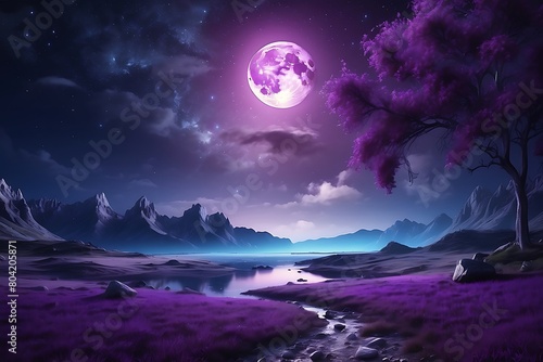 Full Moon Fantasy landscape with mountains and lake at night .