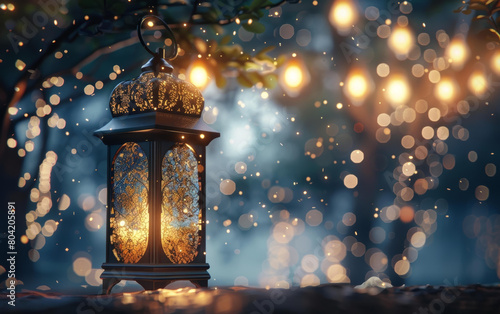 A magical lantern glows warmly amidst a backdrop of twinkling lights, casting intricate shadows and setting a scene of wonder. photo
