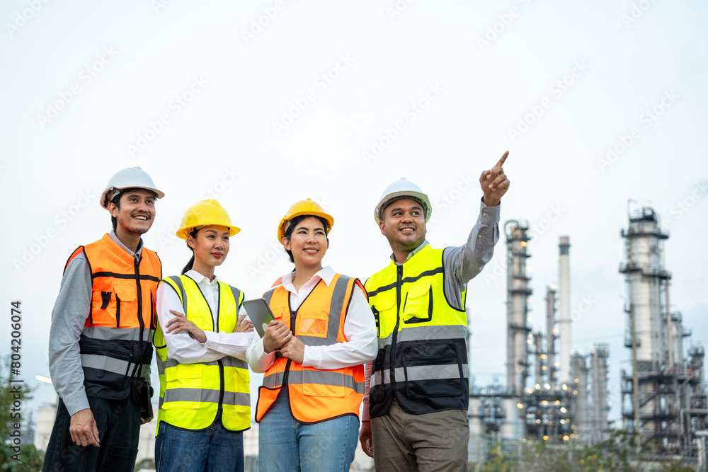 Group of Asian engineer people with safety helmet standing front of oil refinery. Industry zone gas petrochemical. Factory oil storage tank and pipeline. Workers team work in refinery construction Group of Asian engineer people with safety helmet standing front of oil refinery. Industry zone gas petrochemical. Factory oil storage tank and pipeline. Workers team work in refinery construction