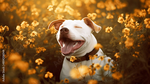 A happy white dog sits in colored flowers in the morning smiling. AI generated.