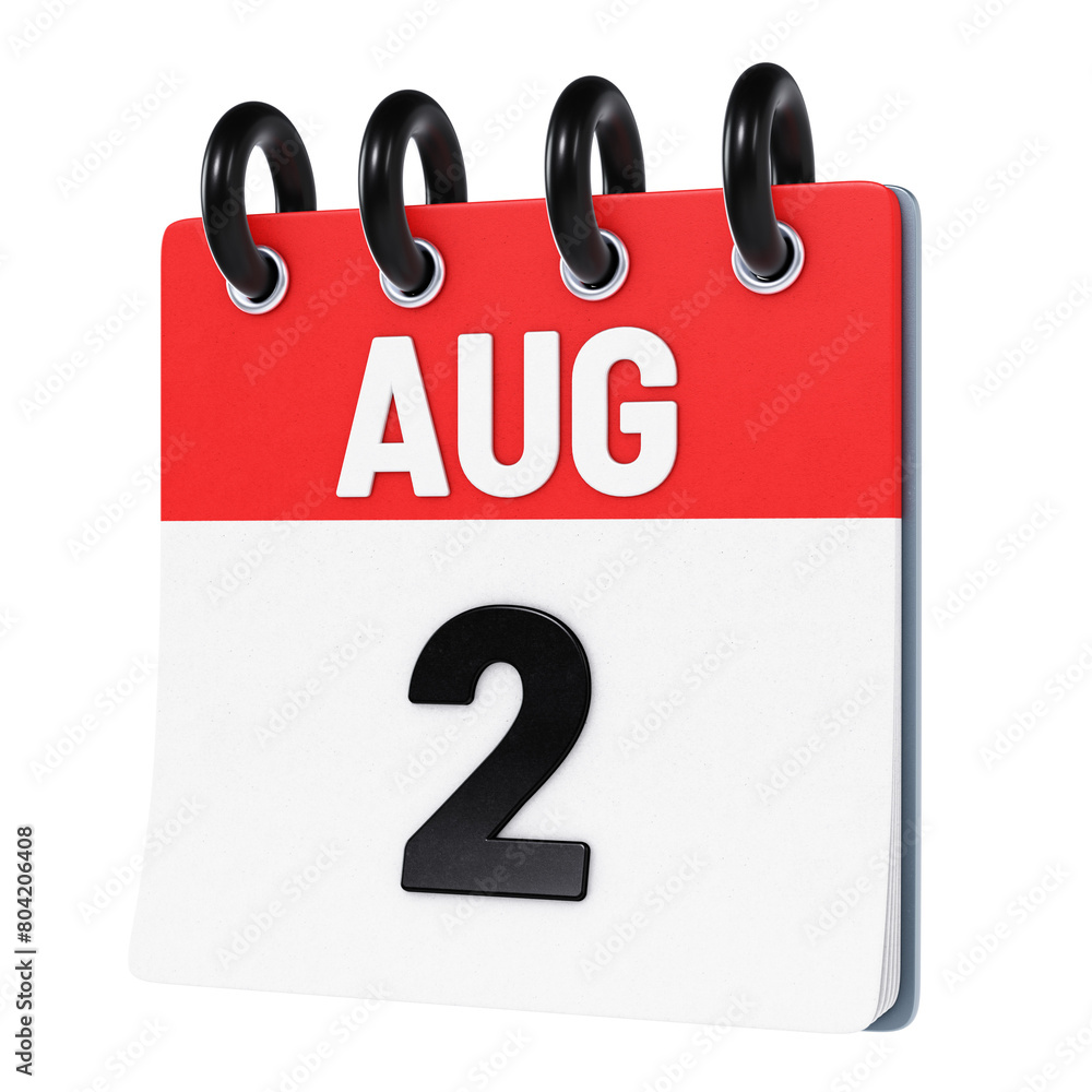 August 2 date displayed on stylized three-dimensional flip calendar icon isolated on transparent background. 3D rendering August 2 date displayed on stylized three-dimensional flip calendar icon isolated on transparent background. 3D rendering