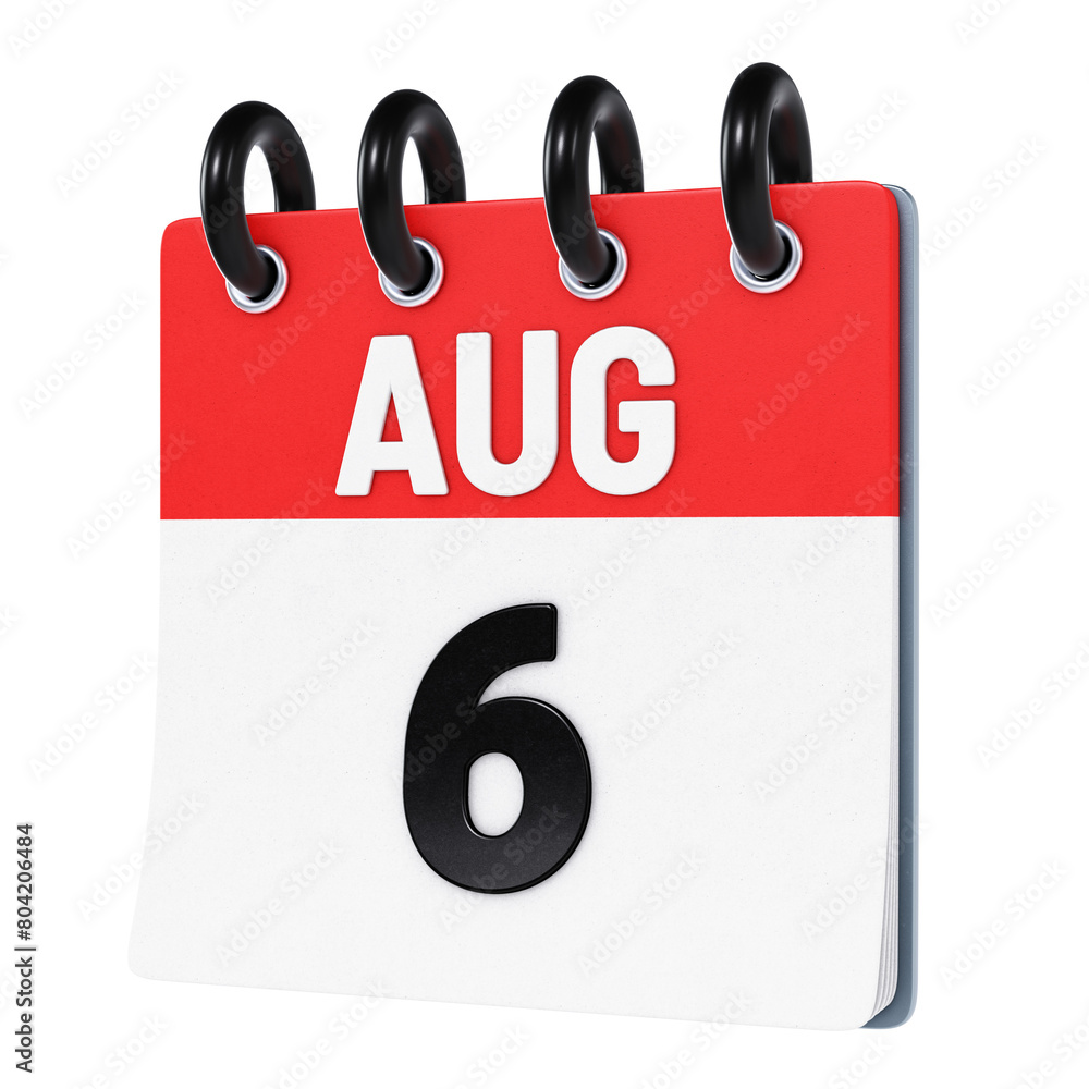 August 6 date displayed on stylized three-dimensional flip calendar icon isolated on transparent background. 3D rendering