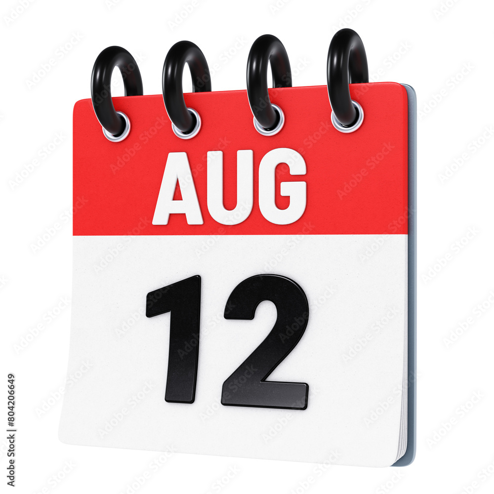 August 12 date displayed on stylized three-dimensional flip calendar icon isolated on transparent background. 3D rendering August 12 date displayed on stylized three-dimensional flip calendar icon isolated on transparent background. 3D rendering