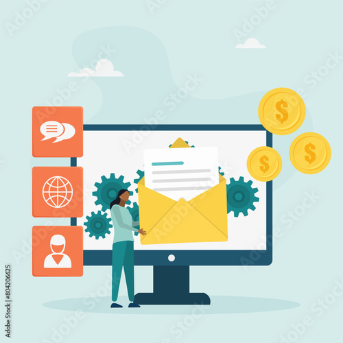Marketing dashboard concept. A customer receiving an automated marketing message. Marketing automation system, automated advertising message. The girl is holding a letter. Vector illustration.
