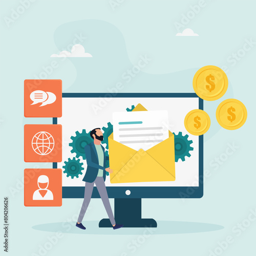 Marketing dashboard concept. A customer receiving an automated marketing message. Marketing automation system, automated advertising message. The guy is holding a letter. Vector illustration.
