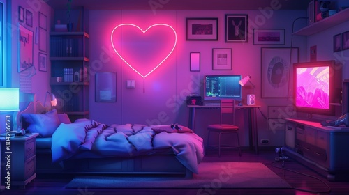 A night Y2K girl bedroom interior featuring a pink neon heart. Cartoon inspired room with an armchair  bed  computer  TV  and drawer. Retro teen design background. Interior decor featuring a bear
