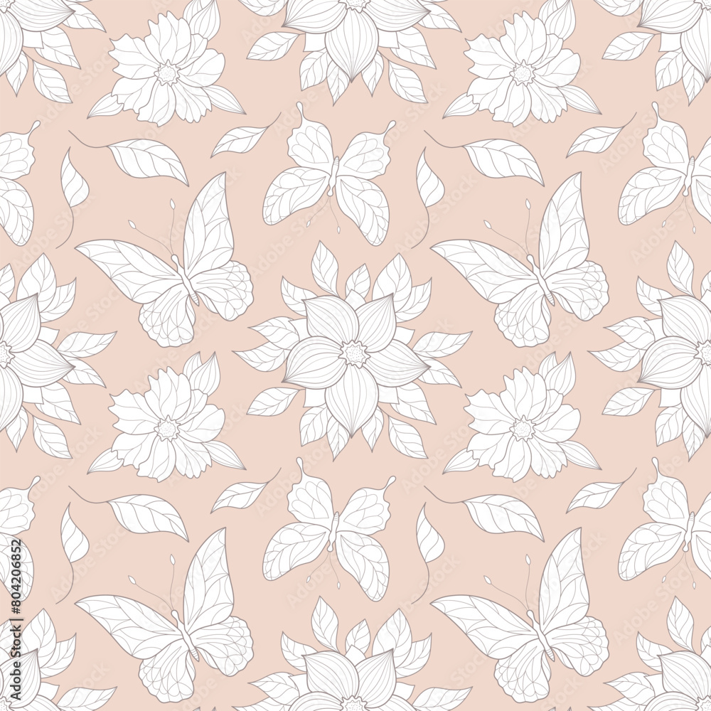 Fototapeta premium Floral pattern with flowers and butterflies , seamless pattern with flowers and butterflies outline.