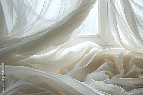 The gentle folds of a white curtain in a breeze photo