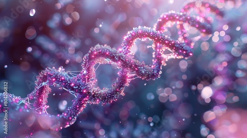 A glowing pink double helix representing DNA on a dark blue background with a purple and blue bokeh.