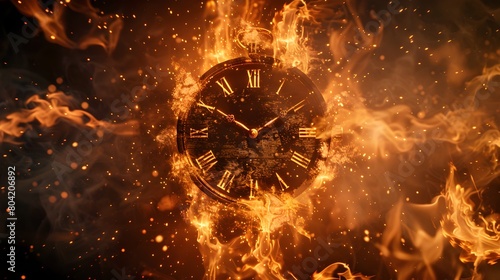 abstract a clock on fire the clock burns in the fire background.generative ai