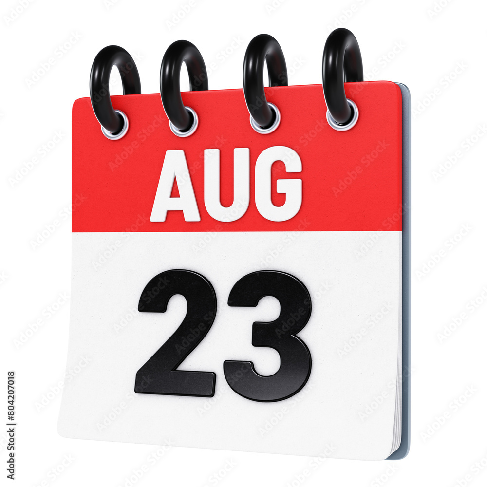 August 23 date displayed on stylized three-dimensional flip calendar icon isolated on transparent background. 3D rendering August 23 date displayed on stylized three-dimensional flip calendar icon isolated on transparent background. 3D rendering