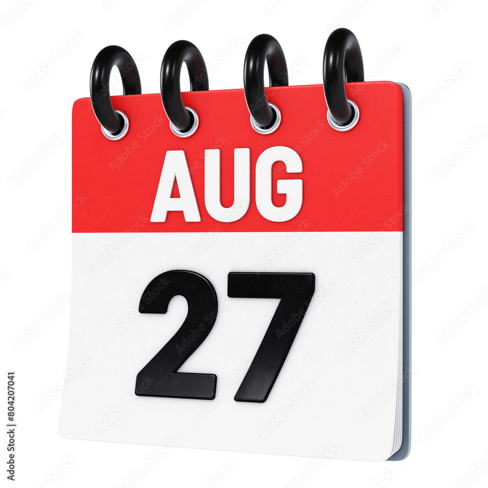 August 27 date displayed on stylized three-dimensional flip calendar icon isolated on transparent background. 3D rendering August 27 date displayed on stylized three-dimensional flip calendar icon isolated on transparent background. 3D rendering