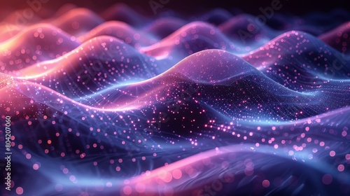 Pink and purple glowing particles form into a wave-like shape on a black background. © Cheetose