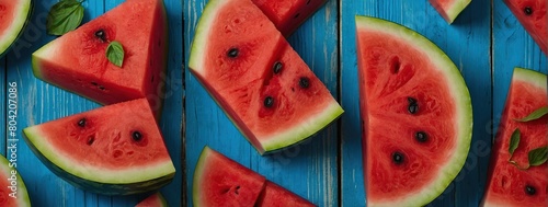 Slices of watermelon on blue wooden desk