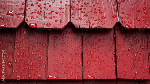 Red wooden roof with raindrops.