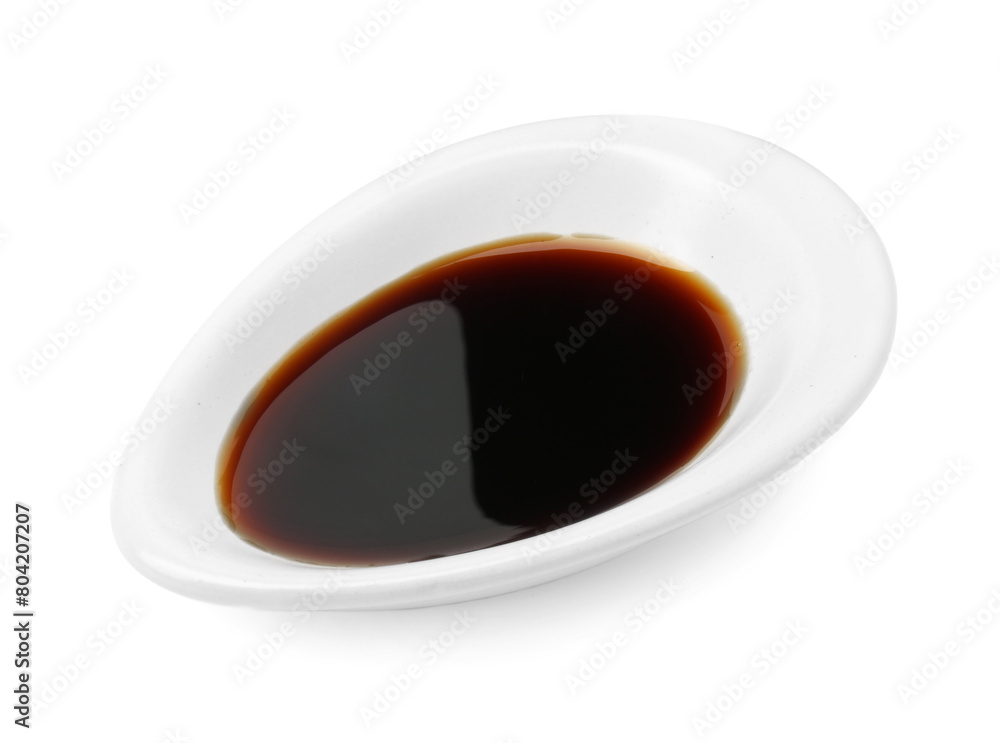 Tasty soy sauce in gravy boat isolated on white, above view Tasty soy sauce in gravy boat isolated on white, above view