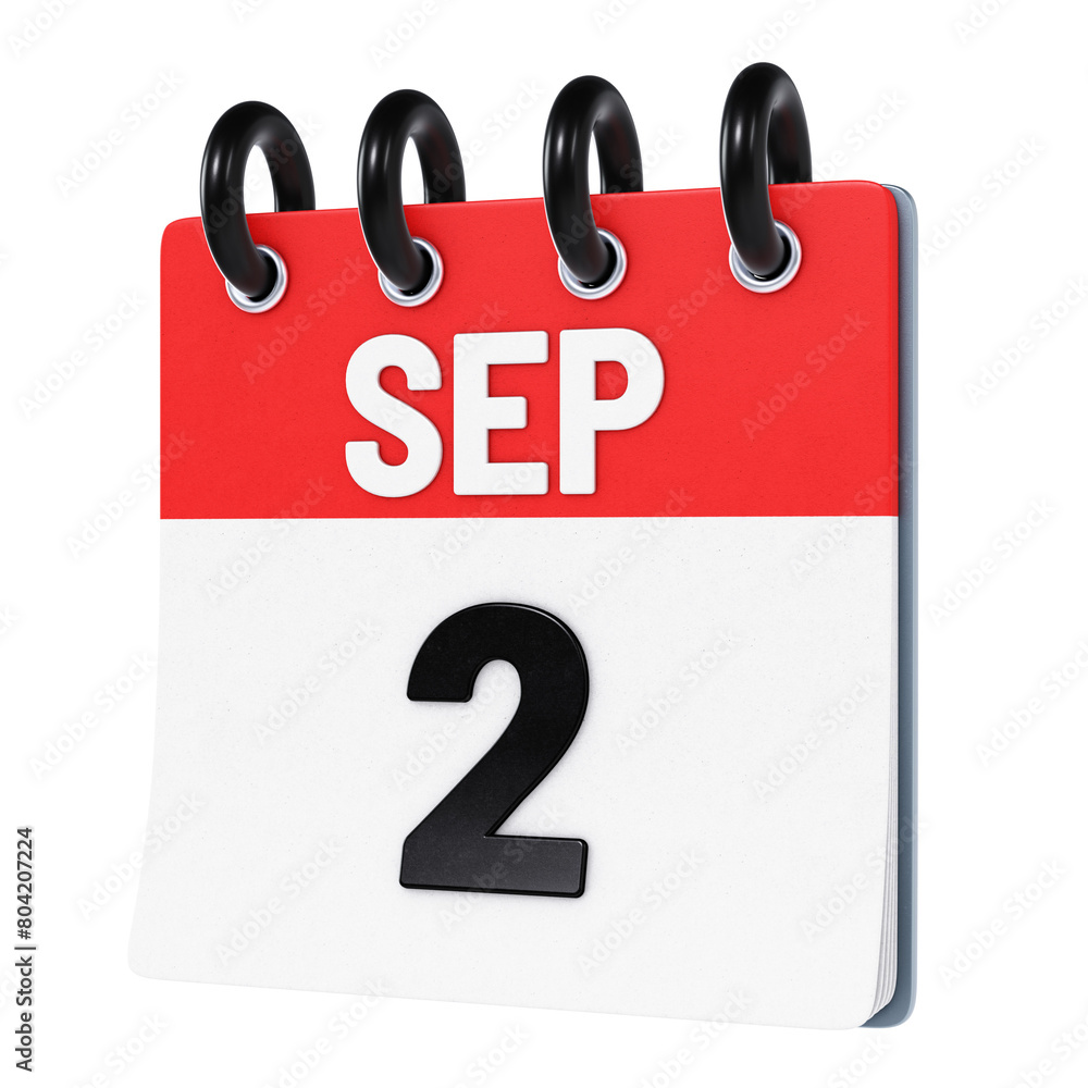 September 2 date displayed on stylized three-dimensional flip calendar icon isolated on transparent background. 3D rendering September 2 date displayed on stylized three-dimensional flip calendar icon isolated on transparent background. 3D rendering