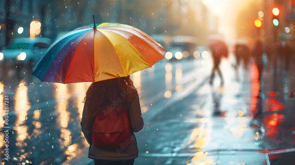 Depiction of a Student Navigating a Rainy City Street Under a Colorful Umbrella at Sunrise