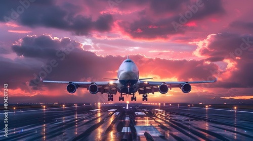 Majestic Jetliner Lifting Off Runway at Vibrant Sunrise with Dramatic Sky Scenery