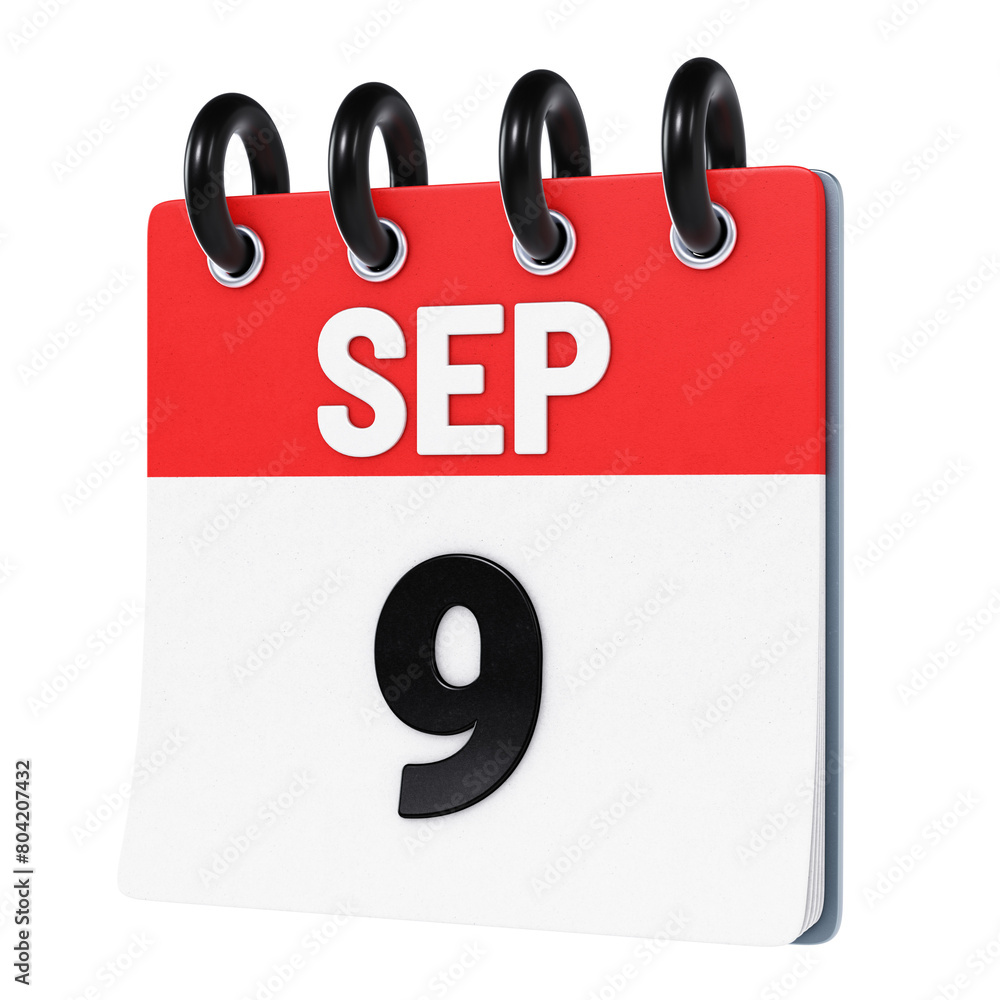 September 9 date displayed on stylized three-dimensional flip calendar icon isolated on transparent background. 3D rendering September 9 date displayed on stylized three-dimensional flip calendar icon isolated on transparent background. 3D rendering