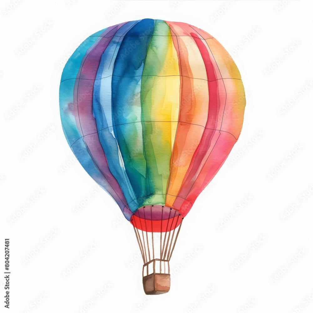 Fototapeta premium This watercolor painting of a colorful hot air balloon soaring in the sky, Clipart minimal watercolor isolated on white background