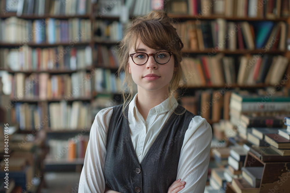 Portrait of a young woman at a library or bookstore, bookworm concept Portrait of a young woman at a library or bookstore, bookworm concept