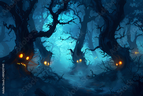haunted forest with twisted trees and glowing eyes