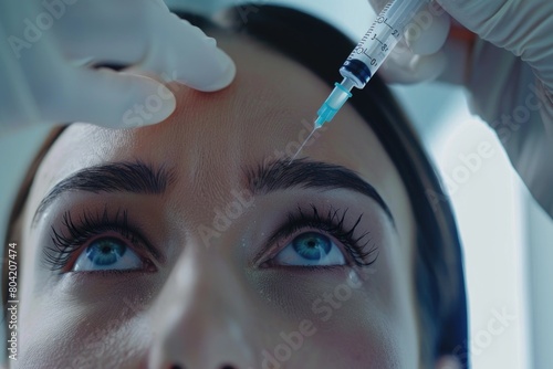 A woman getting cosmetic injection of botox in forehead. photo