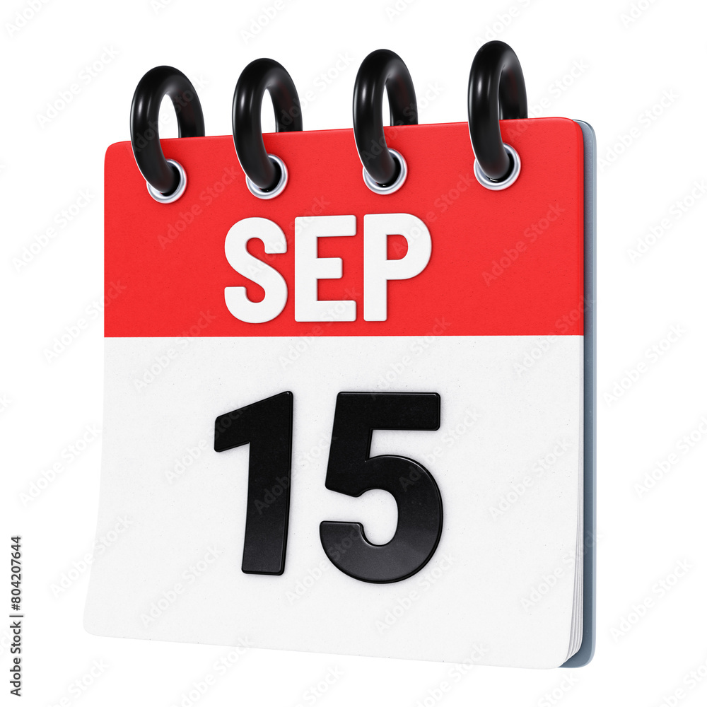 September 15 date displayed on stylized three-dimensional flip calendar icon isolated on transparent background. 3D rendering September 15 date displayed on stylized three-dimensional flip calendar icon isolated on transparent background. 3D rendering