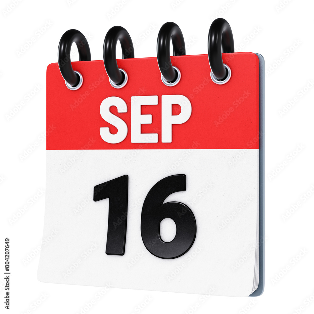 September 16 date displayed on stylized three-dimensional flip calendar icon isolated on transparent background. 3D rendering September 16 date displayed on stylized three-dimensional flip calendar icon isolated on transparent background. 3D rendering