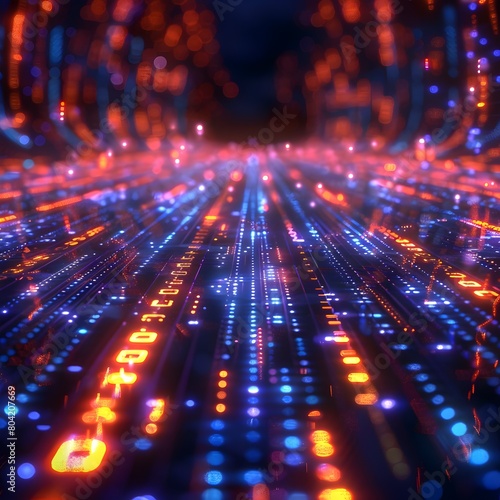 Vibrant Neon Circuits and Binary Codes Visualize Digital Data Transfer in a Futuristic Tech City