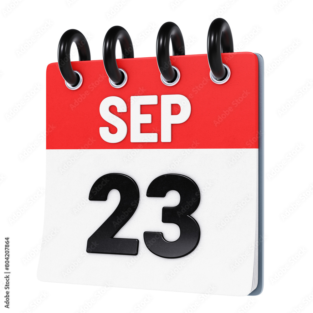 September 23 date displayed on stylized three-dimensional flip calendar icon isolated on transparent background. 3D rendering September 23 date displayed on stylized three-dimensional flip calendar icon isolated on transparent background. 3D rendering
