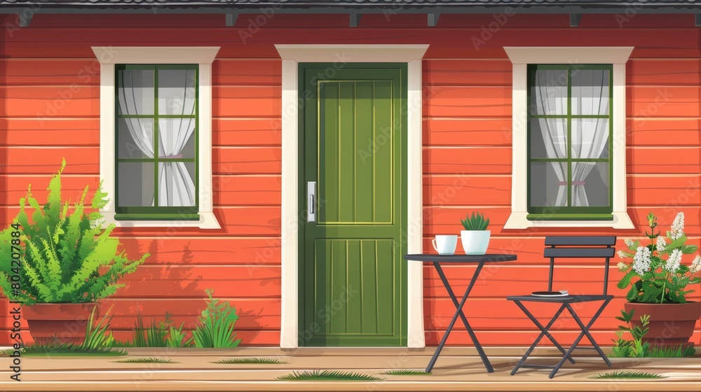 House facade illustration with table and chairs on porch. Modern illustration of wooden village cottage with coffee served on an empty patio for outdoor rest. Beautiful house exterior with green