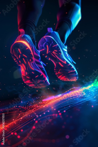 Hologram, shoes and sports for fitness, run and speed for health tracking outdoor. Future, sneakers and graphics for workout, exercise and balance for routine, training for marathon and wellness © Rashid