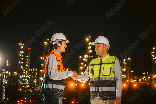 Wallpaper Mural Two Asian engineer man with safety helmet standing front of oil refinery. Industry zone gas petrochemical. Factory oil storage tank and pipeline. Workers work in the refinery construction building Torontodigital.ca