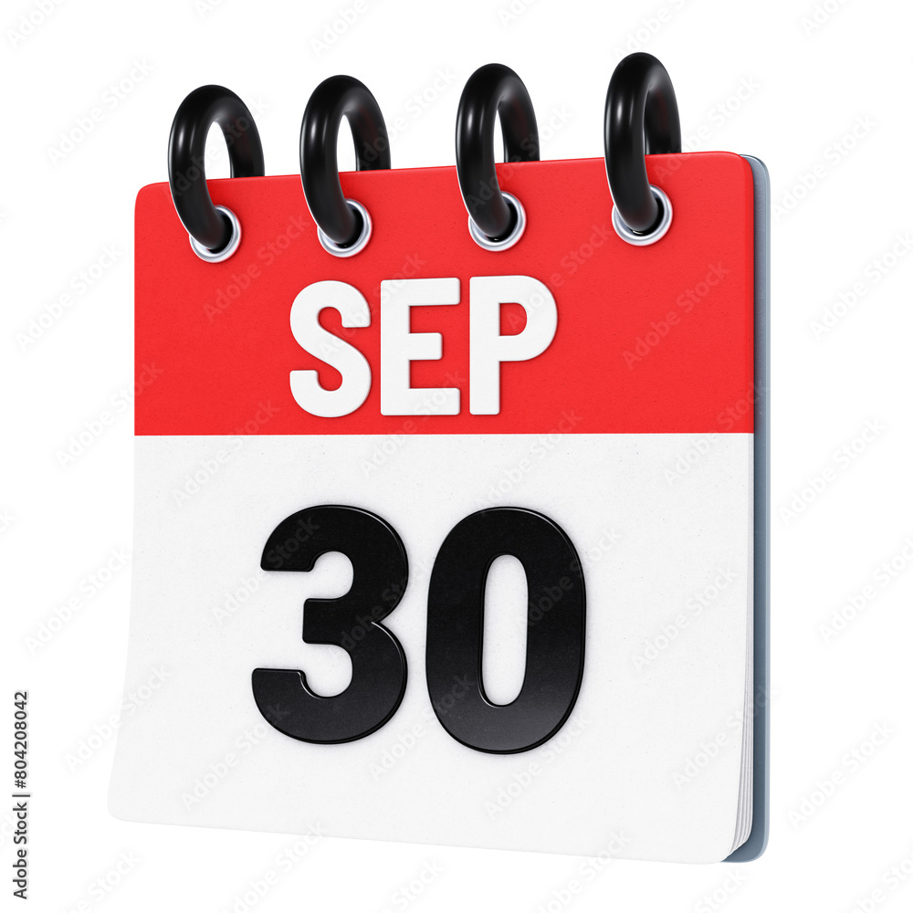 September 30 date displayed on stylized three-dimensional flip calendar icon isolated on transparent background. 3D rendering September 30 date displayed on stylized three-dimensional flip calendar icon isolated on transparent background. 3D rendering