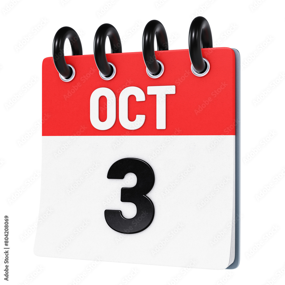 October 3 date displayed on stylized three-dimensional flip calendar icon isolated on transparent background. 3D rendering October 3 date displayed on stylized three-dimensional flip calendar icon isolated on transparent background. 3D rendering