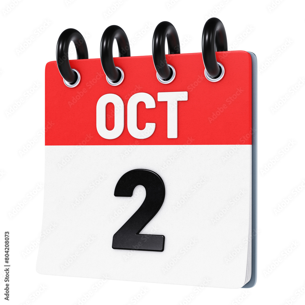 Fototapeta premium October 2 date displayed on stylized three-dimensional flip calendar icon isolated on transparent background. 3D rendering