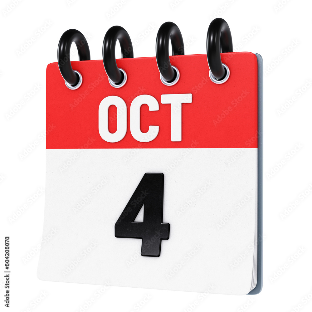 October 4 date displayed on stylized three-dimensional flip calendar icon isolated on transparent background. 3D rendering October 4 date displayed on stylized three-dimensional flip calendar icon isolated on transparent background. 3D rendering
