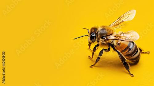 Detailed macro shot capturing the texture and colors of a honeybee contrasted against a bright yellow backdrop, highlighting the insect's delicate wings and furry body