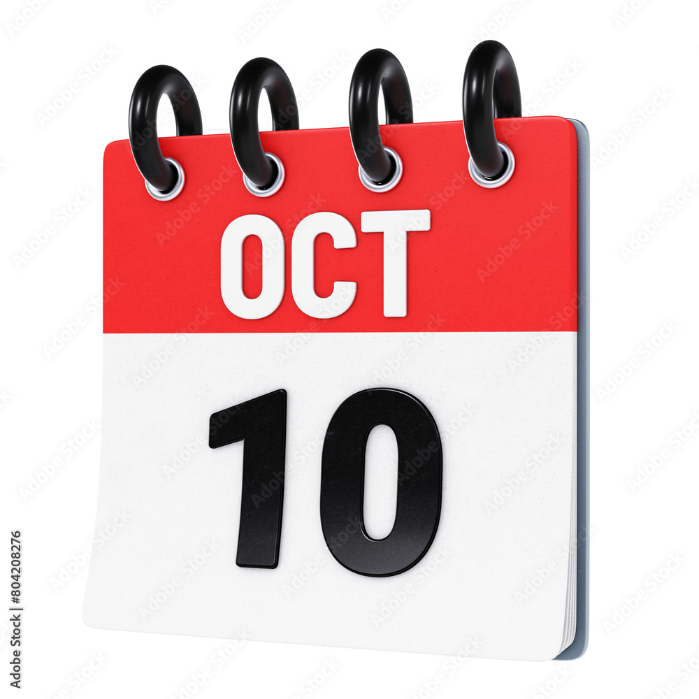 October 10 date displayed on stylized three-dimensional flip calendar icon isolated on transparent background. 3D rendering October 10 date displayed on stylized three-dimensional flip calendar icon isolated on transparent background. 3D rendering