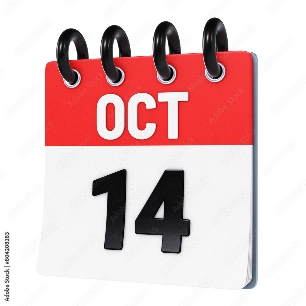 October 14 date displayed on stylized three-dimensional flip calendar icon isolated on transparent background. 3D rendering October 14 date displayed on stylized three-dimensional flip calendar icon isolated on transparent background. 3D rendering
