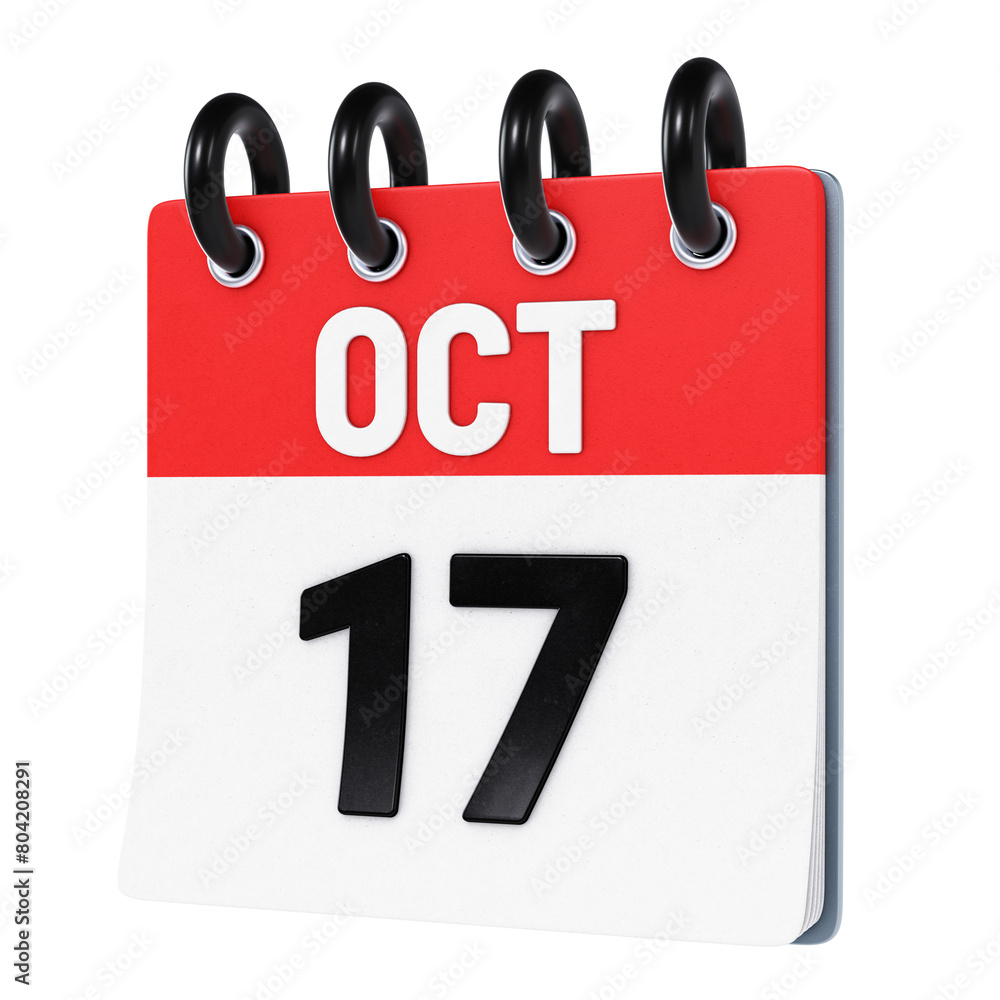 October 17 date displayed on stylized three-dimensional flip calendar icon isolated on transparent background. 3D rendering October 17 date displayed on stylized three-dimensional flip calendar icon isolated on transparent background. 3D rendering