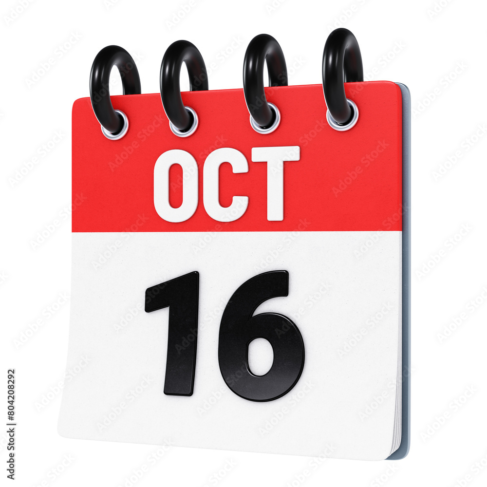October 16 date displayed on stylized three-dimensional flip calendar icon isolated on transparent background. 3D rendering October 16 date displayed on stylized three-dimensional flip calendar icon isolated on transparent background. 3D rendering