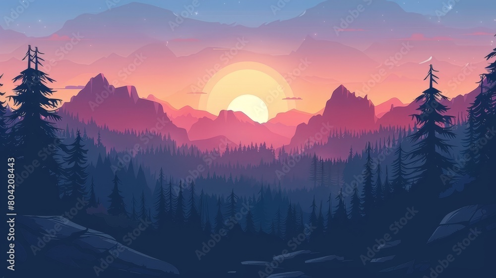 A cartoon mountain sunset view from the highway. Modern illustration of beautiful natural landscape with the sun setting behind silhouettes of rocks. Pine tree forest along valley road. Summer travel