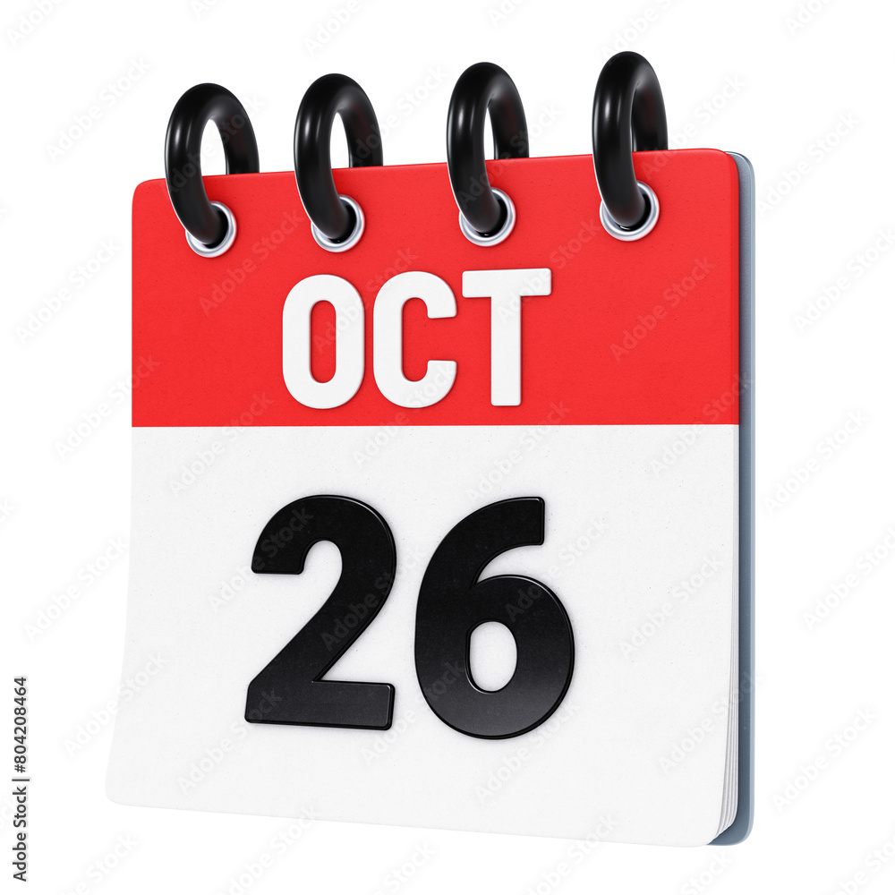 October 26 date displayed on stylized three-dimensional flip calendar icon isolated on transparent background. 3D rendering October 26 date displayed on stylized three-dimensional flip calendar icon isolated on transparent background. 3D rendering