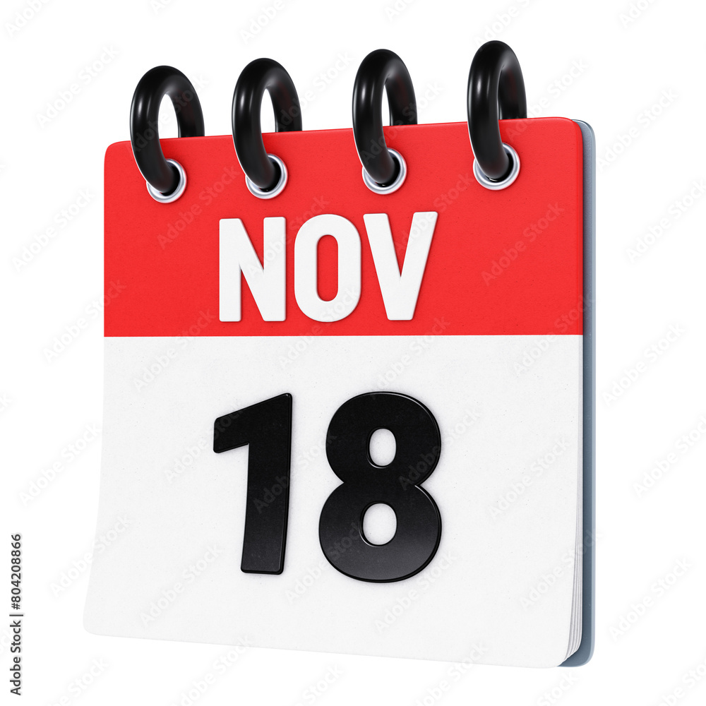 November 18 date displayed on stylized three-dimensional flip calendar icon isolated on transparent background. 3D rendering November 18 date displayed on stylized three-dimensional flip calendar icon isolated on transparent background. 3D rendering