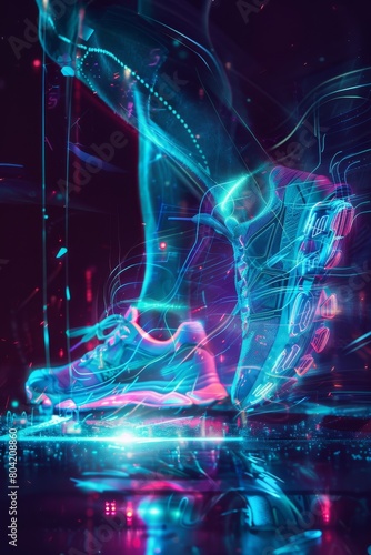 Hologram, shoes and sports for fitness, run and speed for health tracking outdoor. Future, sneakers and graphics for workout, exercise and balance for routine, training for marathon and wellness © Rashid