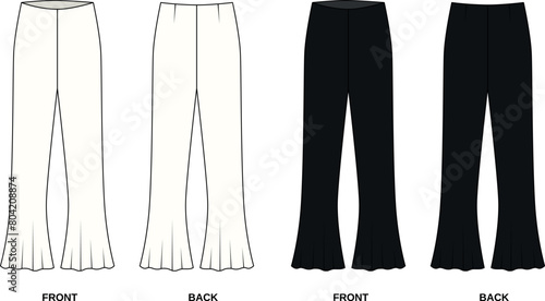 Vector pattern of flared pants front and back view.  Outline sketch of pants flared to the bottom. Template of women's summer pants, white and black colors.