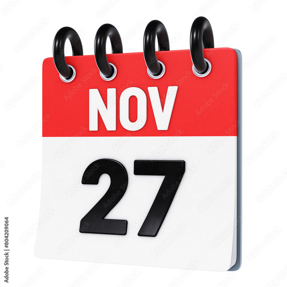 November 27 date displayed on stylized three-dimensional flip calendar icon isolated on transparent background. 3D rendering November 27 date displayed on stylized three-dimensional flip calendar icon isolated on transparent background. 3D rendering